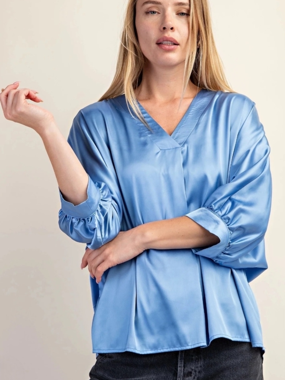 Satin V-Neck Blouse in Light Blue